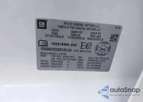 2016 Chevrolet Tahoe Ltz z USA, uszkodzony, nr VIN 1GNSKCKC6GR185194